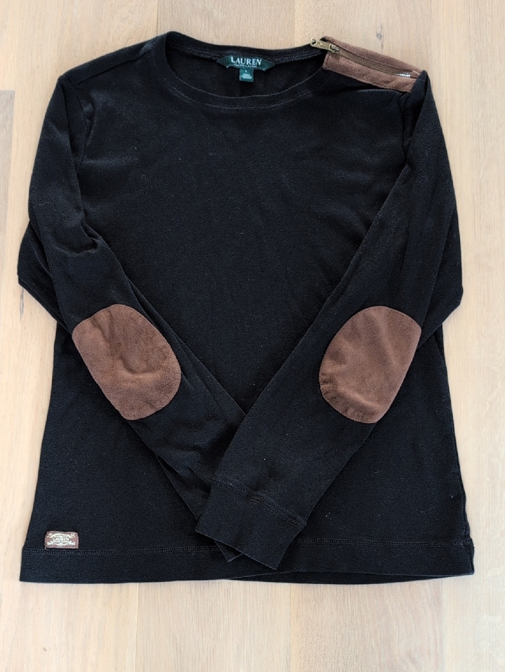 Lauren Ralph Lauren Black Crewneck Sweater with Brown Elbow Patches